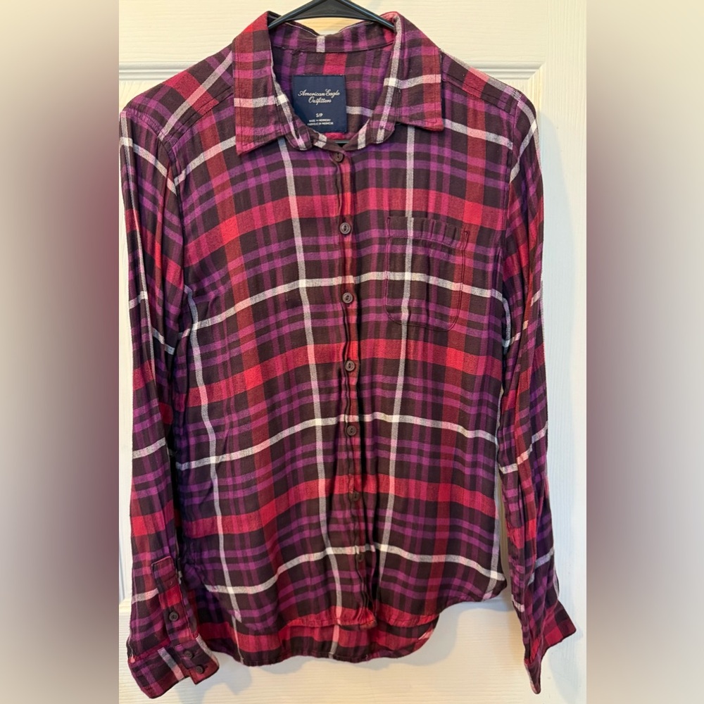 American Eagle Outfitters Plaid Button-Up in Burgundy, Pink & Purple